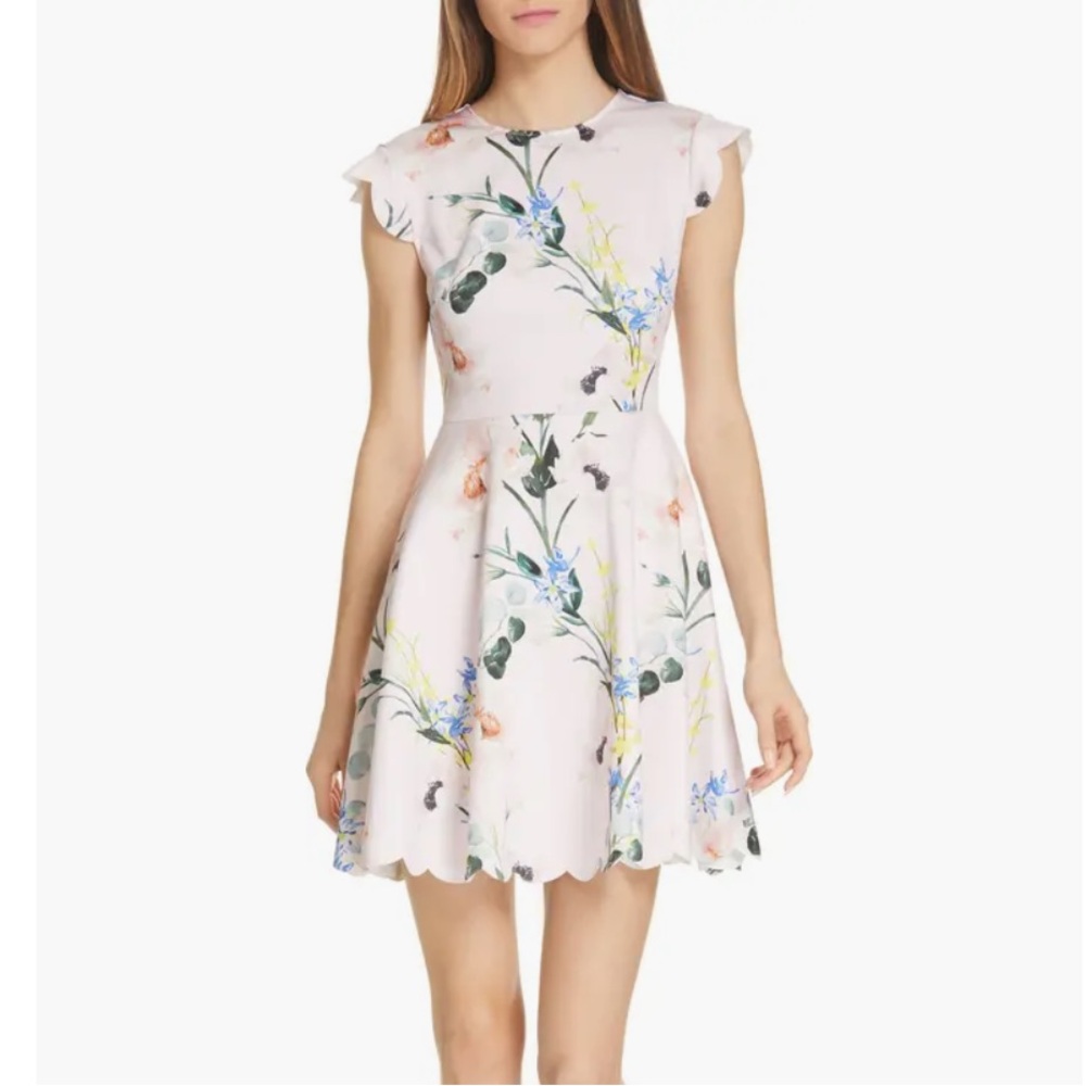 Ted Baker Karsali Elegance Pink Floral Scalloped Skater Dress Sz 5 US Sz 12-14